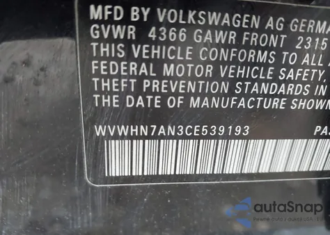 2012 Volkswagen Cc Lux Plus из США, поврежденный, VIN WVWHN7AN3CE539193